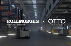 kollmorgen and otto motors logos over mobile robots in a warehouse.